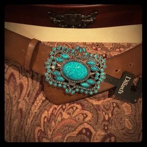 New Leather belt with turquoise jewel buckle